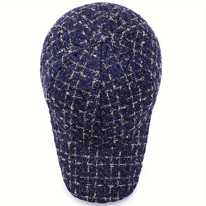 1pc Trendy Black & White Checkered Baseball Cap with Sparkly Golden Embroidery - Stylish Sun Protection Hat for Spring and Fall, Hand Wash Only, Polyester Material, Casual Wear Hat | Checkered Pattern Cap | Woven Texture Cap