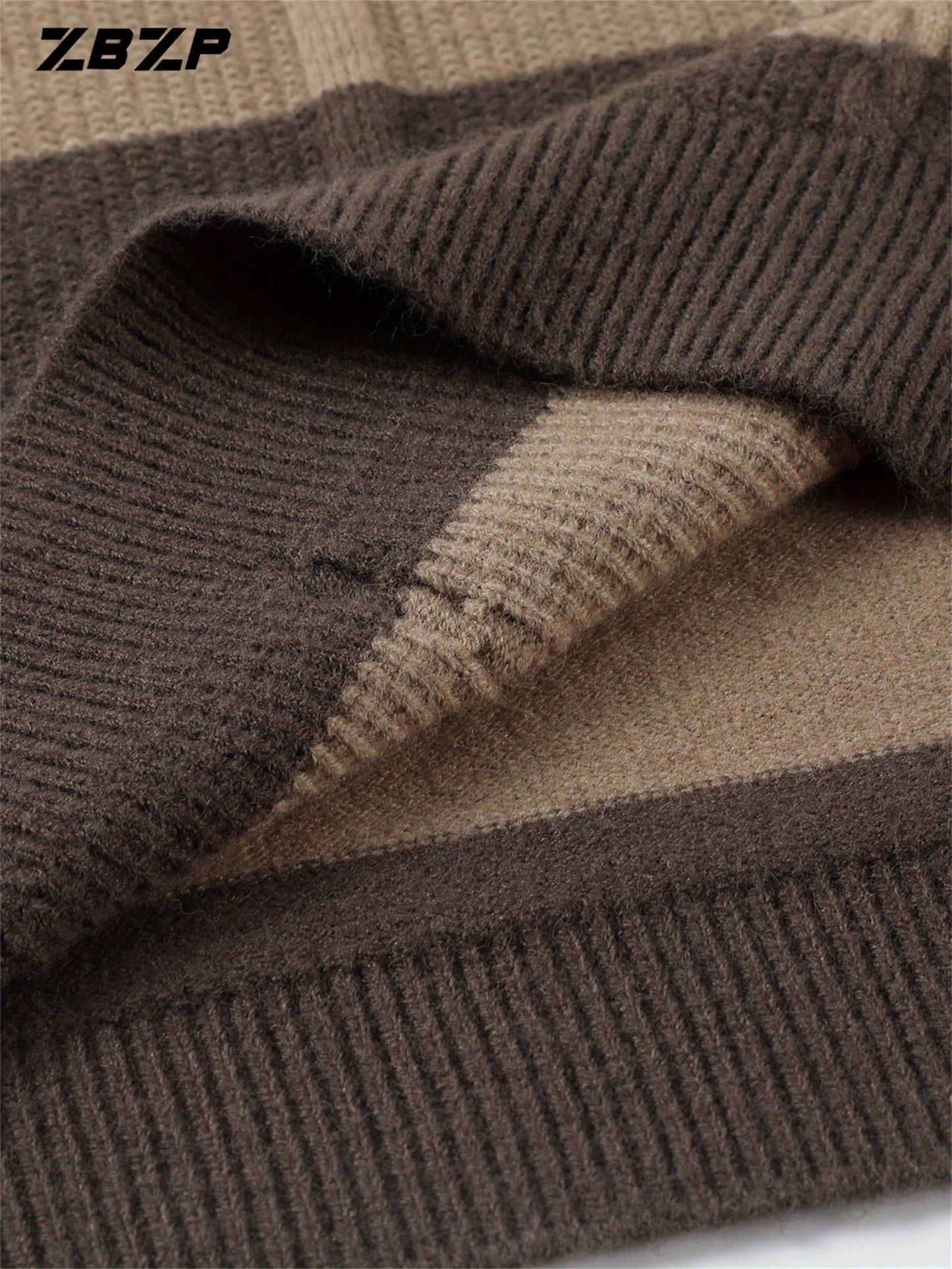 ZBZP Men'S Casual Striped Knit Sweater - Dark Gray & White Horizontal Stripes, Round Neck Long Sleeve, Regular Fit, Autumn Winter Warm Pullover for Casual Attire, Knit Sweater, Comfortable Fashion, Soft Texture, Cold Weather