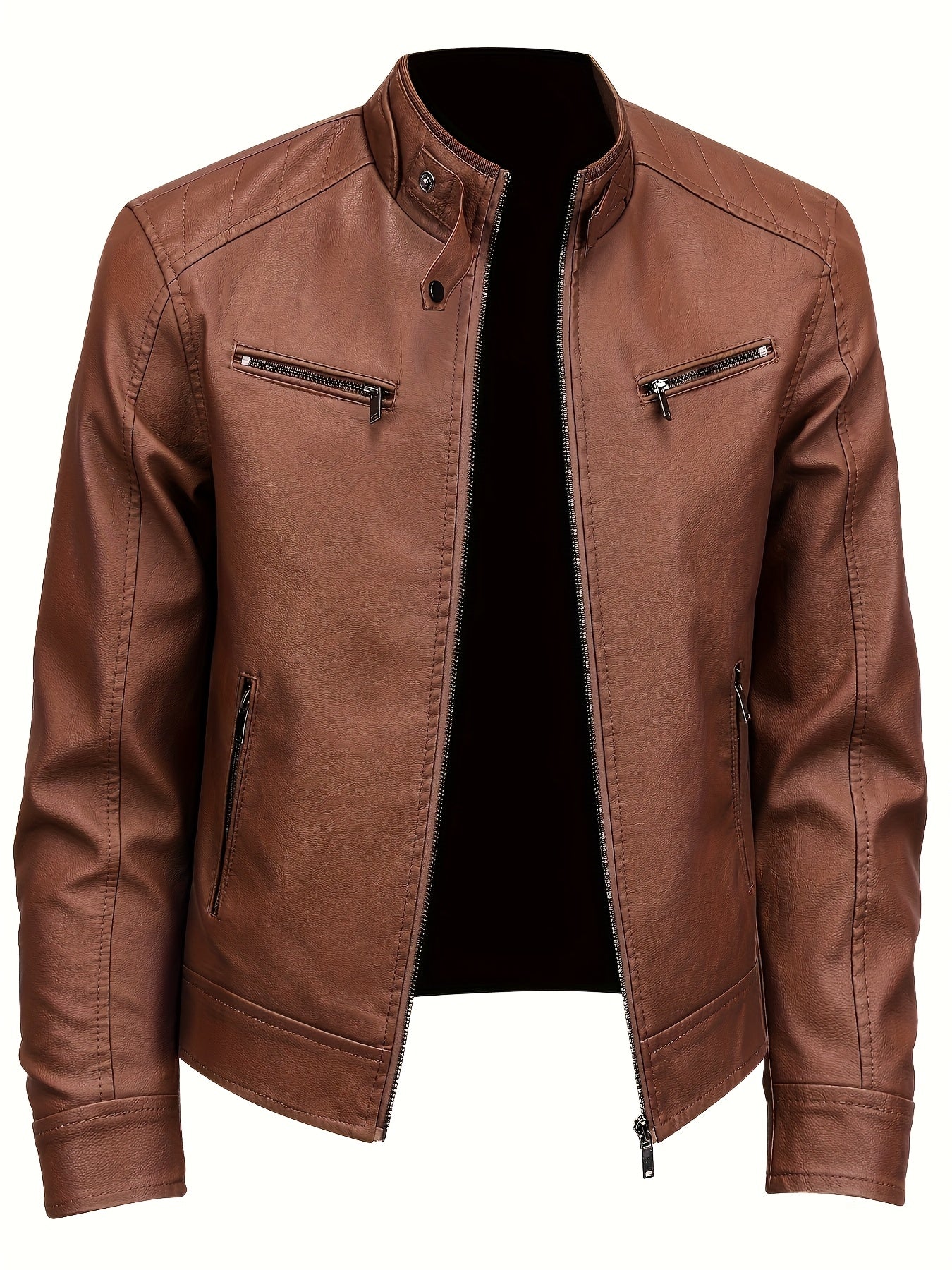 Men's Stylish Burgundy Jacket - Fall/Winter Trendy Stand Collar Biker Jacket with Multiple Zippered Pockets, Casual Design for Casual Attire, Fall Jacket | Modern Casual Jacket | Glossy Finish Jacket - ayq