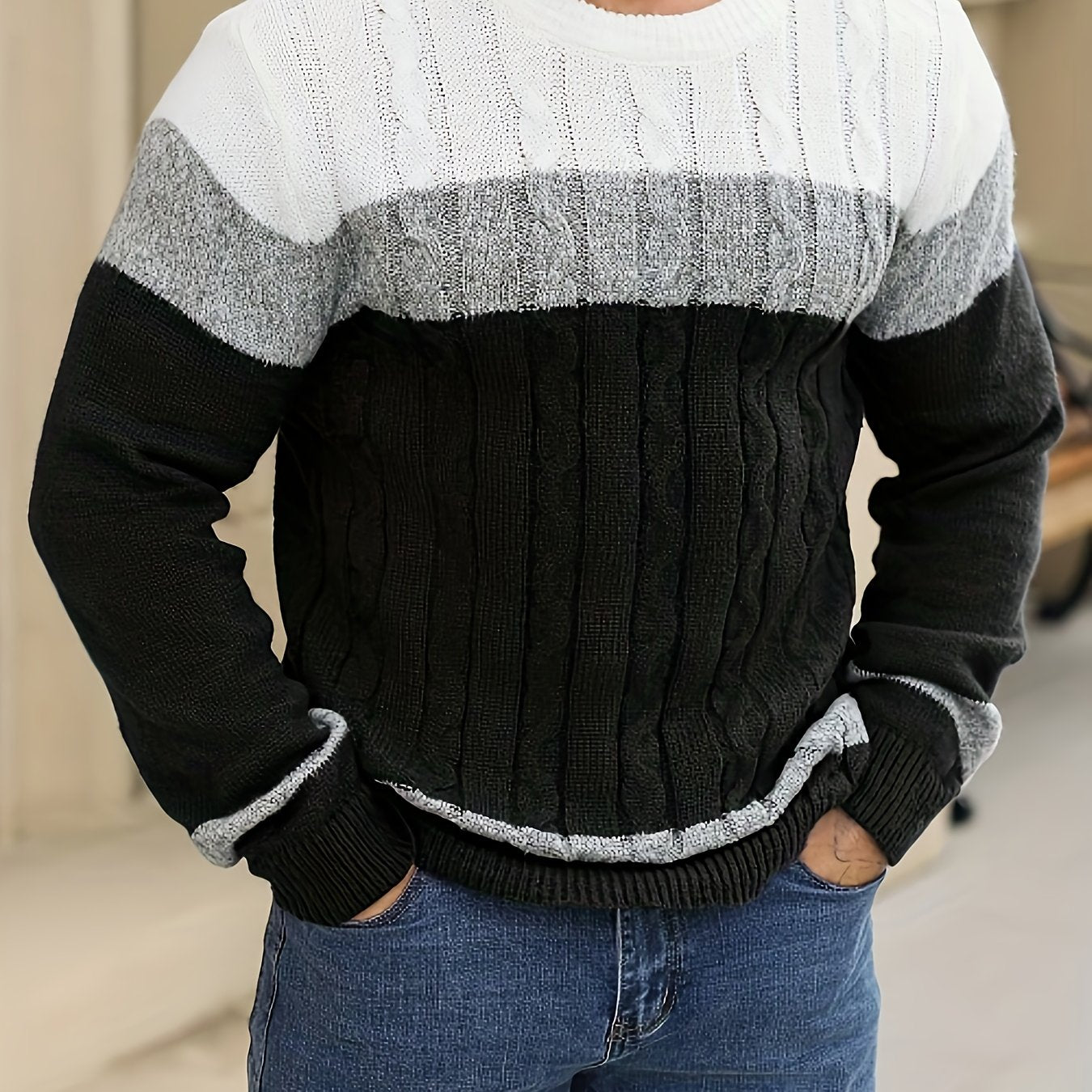 Տղամարդկանց աշուն/ձմեռ առօրյա գունային բլոկներով տրիկոտաժե պուլովեր սվիտեր