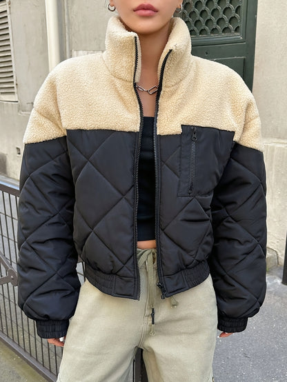 Women'S Elegant Color Block Zip-Up Jacket - Long Sleeve Stand Collar Warm Coat with Beige & Black Patchwork, Regular Fit Autumn Winter Outerwear, Casual Chic Layering Piece, Winter Jacket, Seasonal Fashion, Durable Fabric, St