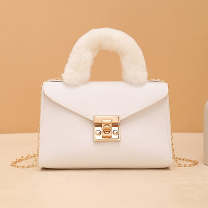1pc Elegant Crossbody Bag with Soft Plush Handle, Solid Color Casual Messenger Bag with Removable Strap and Turn-Lock Closure for Daily Use, Small Crossbody Bag
