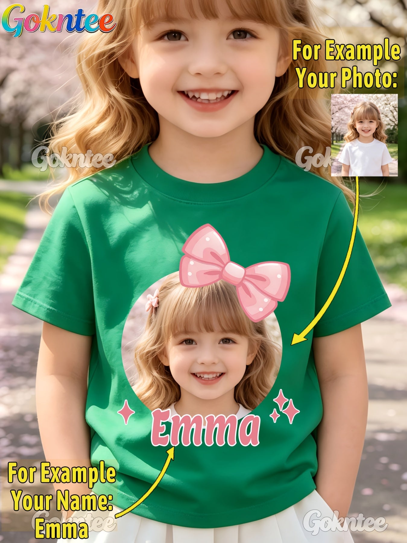Girls' Personalized Cartoon T-Shirt with Pink Bow, Crew Neck