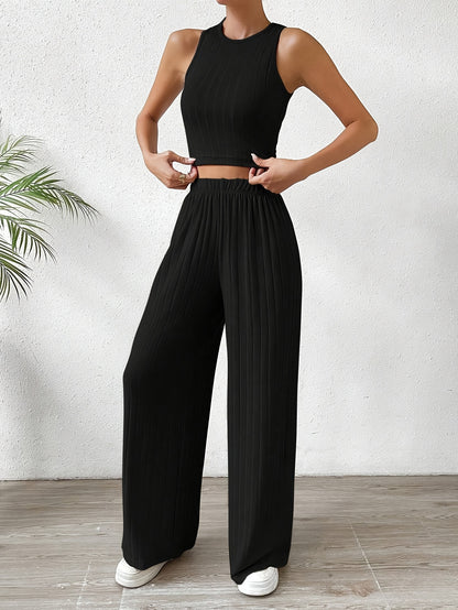 Solid Ribbed Elegant Pants Set, Crew Neck Sleeveless Slim Tank Top & Elastic Waist Wide Leg Pants Outfits, Women's Clothing