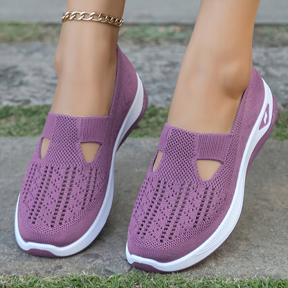 Women's Breathable Mesh Sneakers - Comfort Slip-On Walking Shoes, Soft PVC Sole, Fabric Insole & Lining, Stability Support for Spring/Summer Outdoor Casual Wear, Spring Summer Footwear|Cut-Out Patterns|Fabric Upper Shoes
