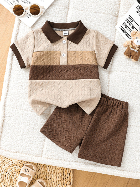 Boys' Summer Casual Polo Shirt and Shorts Set, Striped Knit Fabric