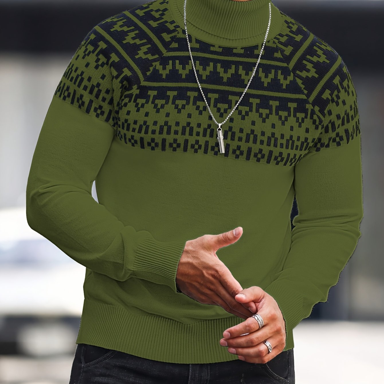 Տղամարդու երկրաչափական գրաֆիկական նախշերով տրիկոտաժե սվիտեր, աշնանային ձմեռային երկար թևքով կրիայով վզնոցով, բացօթյա հագուստի համար