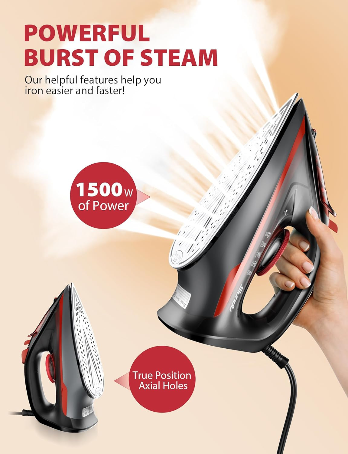 Sundu Steam Iron for Clothes with Rapid Heating Ceramic Coated Soleplate,1500W with Precise Thermostat Dial,Self-Cleaning, Auto-Off,11.84Oz Water Tank for Home Clothes Ironing Use,Red