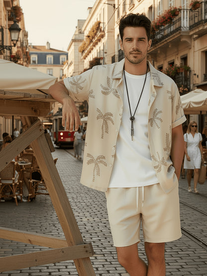 Men's Casual Tropical Palm Print Short Sleeve Shirt & Shorts Set