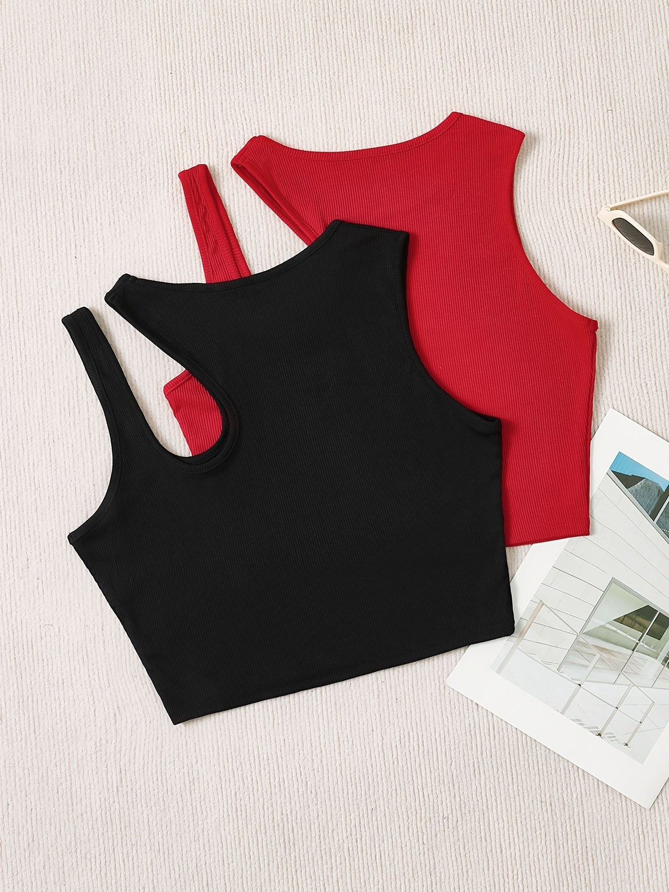 2 Packs Solid Crew Neck Tank Top, Elegant Sleeveless Asymmetrical Tank Top For Every Day, Women's Clothing