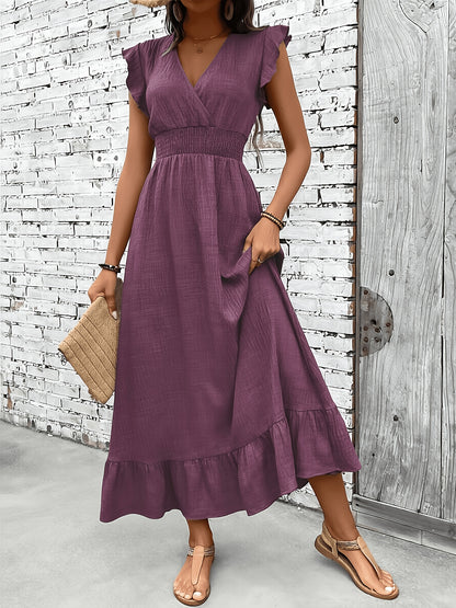 Women's Casual Waist-Cinching Maxi Dress with V-Neck