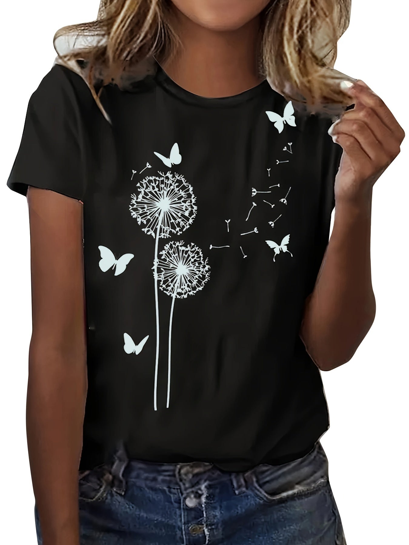 Dandelion &amp; Butterfly Print T-shirt, Casual Crew Neck կարճ թև վերնաշապիկ գարնան և ամառի համար, կանացի հագուստ