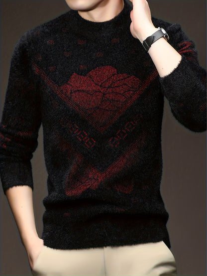 Men'S High-End Crew Neck Sweater | Fashionable Thick Warm Knitted Pullover with Floral Pattern and Hot Stamping for Fall/Winter