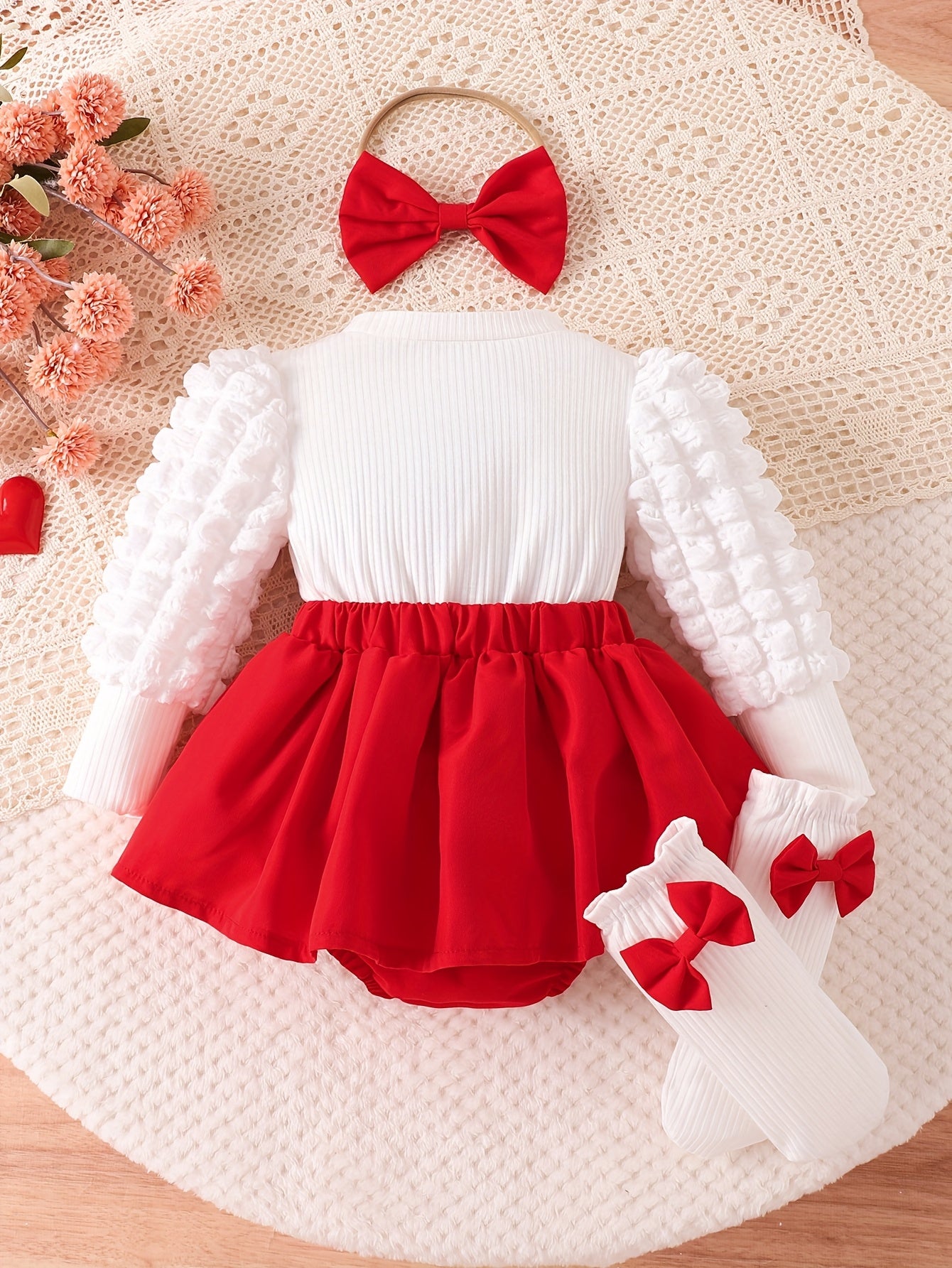 Girls' Sweet Princess Style 3pcs Set with Heart & Bow Detail - Soft Pink & Red Ruffled Sleeves, Bodysuit with Red Bow Skirt & Matching Headband, for Outdoor, Princess Dress For Girls, Princess Dress For Girl