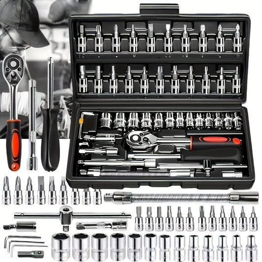 46pcs Professional Multi-Size Auto Repair Tool Set | Designed for European Cars, Includes Torque Wrench and Hex Keys, Durable Chrome Vanadium Steel, Suitable for Car Maintenance, Motorcycles, Bicycles, and Home Repairs, Black