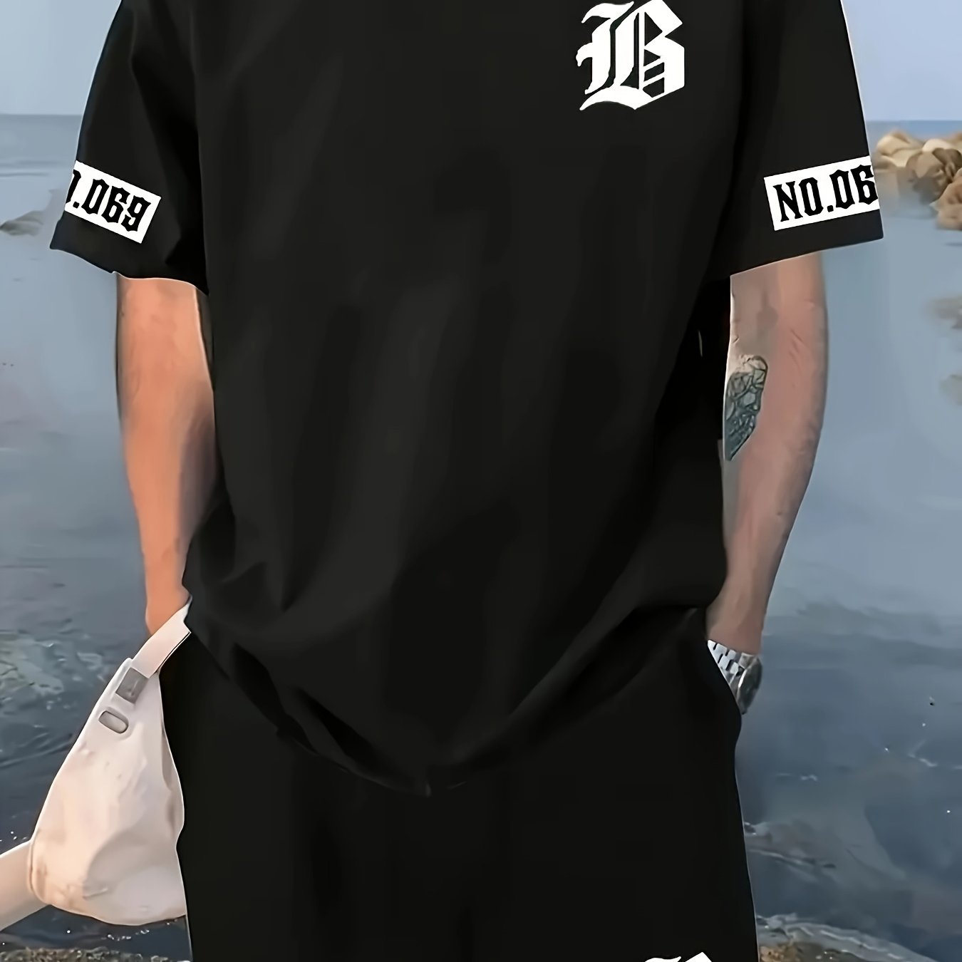 Men's Casual T-Shirt and Shorts Set with Bold "B" Print - Polyester Knit Fabric, Machine Washable, Summer Streetwear, Perfect for Outdoor Activities and Comfortable Leisure Wear