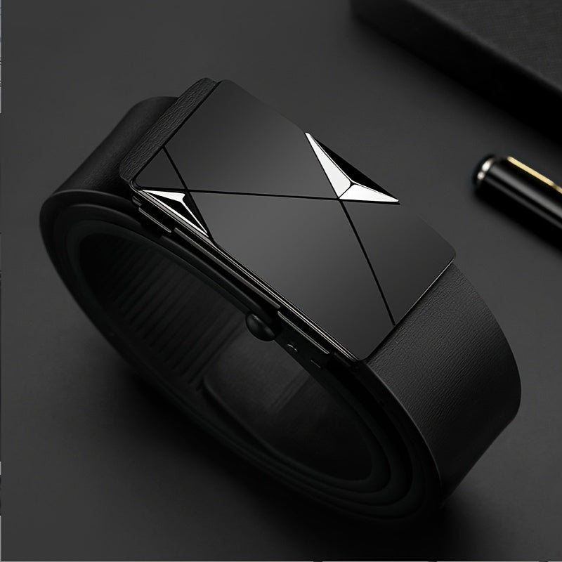 Men's Luxury Automatic Buckle Faux Leather Belt - Sleek Black with Golden Geometric Buckle, Business Casual Style, Adjustable Fit for Comfort, Business Casual Accessory | Sophisticated Belt Design | Sleek Black Finish