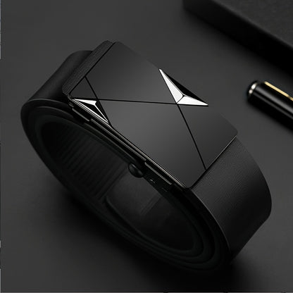 Men's Luxury Automatic Buckle Faux Leather Belt - Sleek Black with Golden Geometric Buckle, Business Casual Style, Adjustable Fit for Comfort, Business Casual Accessory | Sophisticated Belt Design | Sleek Black Finish