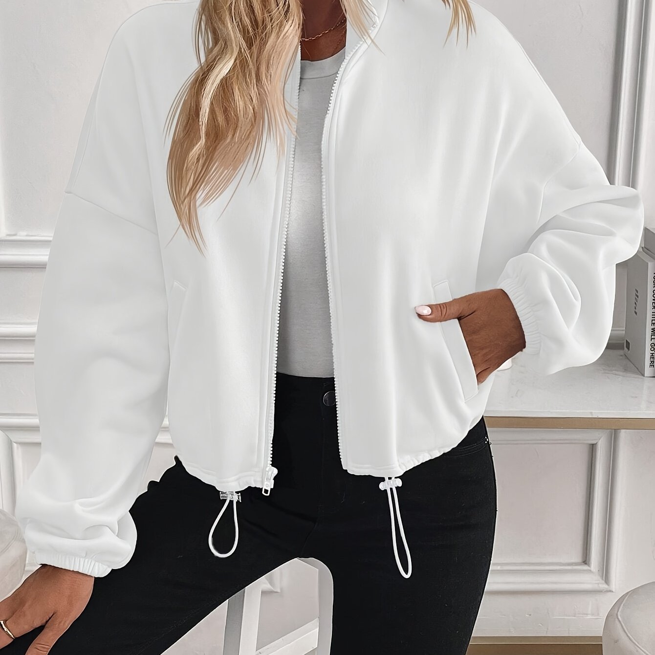 Women's Elegant Black Stand Collar Jacket with Full-Zip Closure - All-Season Casual to Semi-Formal Outerwear, Machine Washable Zippered Coat for Fall Winter Layering, Versatile Work to Semi-Formal Outfits
