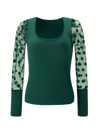 Նոր ոճի U-ձև օձիքով ցանցկեն, պոլկա կետերով երկար թևքով, միագույն, ներքնազգեստով, ամենօրյա, բազմակողմանի վերնաշապիկ