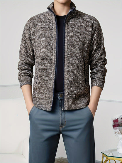Men's Solid Fleece Knitted Cardigan With Pockets, Casual Long Sleeve Turtle Neck Zip Up Warm Sweater For Winter Fall Outdoor Activities