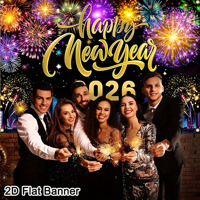 2D Flat, 1pc 2026 Happy New Year Party Backdrop Banner - 80x120cm Polyester Champagne & Cityscape Design, Golden & Purple Fireworks, Festive New Year'S Eve Decor for Home, No Electricity Needed, New Year Decorations, Flag For