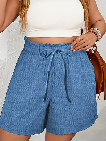 Relaxed Style| Women's Light Blue Faux Denim Casual Shorts - High-Waisted, Loose Fit with Drawstring, Summer Wash-Free Polyester Shorts for Everyday Comfort, Summer Casual Wear|Drawstring Shorts|No Stretch Fabric, High Waiste