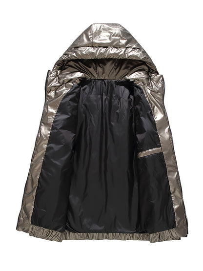 Men'S Winter Coat - Glossy Black Cold Weather Jacket, Non-Stretch Outer Shell, Zippered Pockets & Hooded Design for Formal & Everyday Use - Insulated Outerwear for Everyday & Special Occasions, Winter Jacket, Sleek Appearance