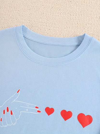 Women's Casual Athletic T-Shirt, Graphic Heart Print, Short Sleeve, Round Neck, Summer & Spring Fashion