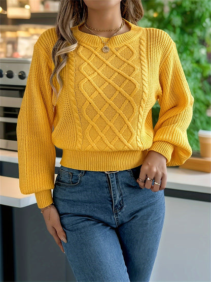 Elegant Cable Knit Sweater for Women - Casual Long Sleeve, Round Neck Pullover in Solid Color, Perfect for Fall/Winter
