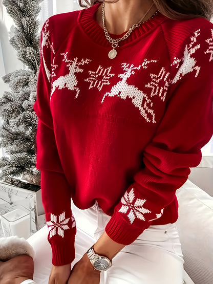 Women's Elegant Red Christmas Sweater with White Snowflake & Reindeer Pattern - Soft Stretchy Polyester Long Sleeve Round Neck Pullover, Cozy Winter Sweater for Holiday Parties & Everyday Winter Wear, Festive Sweater for New