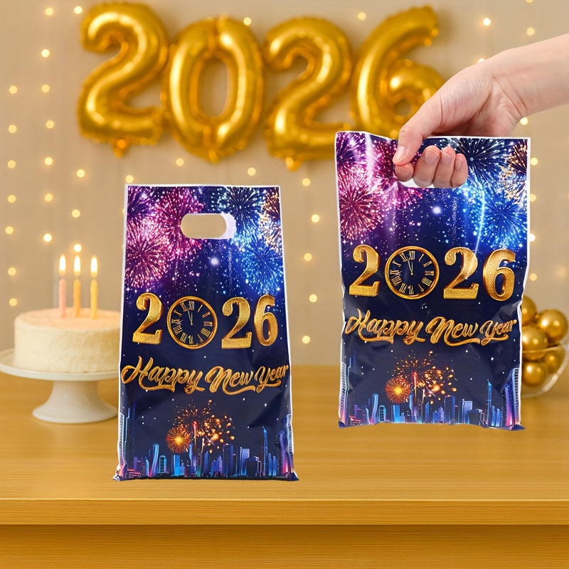 10/25/50pcs FengRise 2026 Happy New Year Fireworks Countdown Clocks Gift Bags - Vibrant Fireworks & Cityscape Design, Durable Plastic Party Favor Bags for New Year'S Eve, Birthday, Wedding Decorations, New Year Gifts, Festive