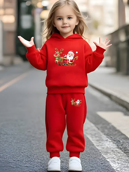 2pcs Girls & Boys Winter Warm Pink Hoodie & Pants Set - Bright Pink Christmas & New Year Outfit with Santa Reindeer Snowman Print, Elastic Waist Matching Sweatsuit for Kids 6-12 Years (Height 120-160cm), Boys & Girls Clothing