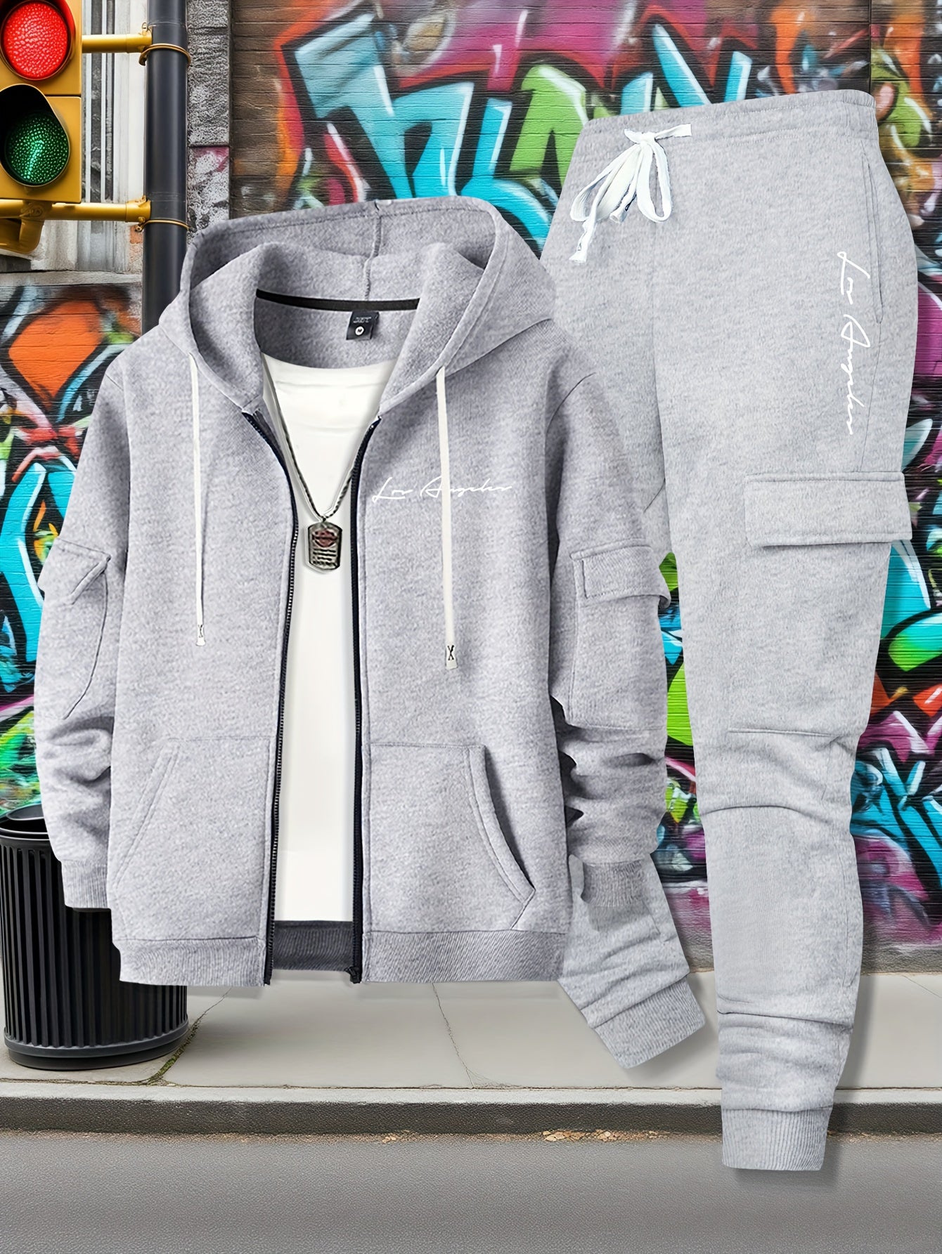Men's Casual Zip Hoodie and Loose Cargo Pants Set - Breathable Polyest