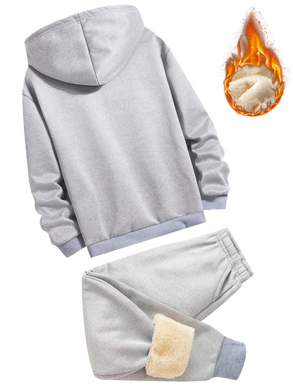 2 հատ տղաների համար նախատեսված բրդյա աստառով գլխարկով սվիտեր + առօրյա տաբատների հավաքածու, միագույն երկարաթև, կայծակաճարմանդով վերնաշապիկ՝ միջին ձգվողության տաք գործվածքից, աշուն/ձմեռ սեզոնի համար, իդեալական է