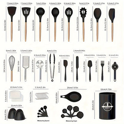 43pcs Non-Stick Cookware Storage Bucket with Wooden Handles, Silicone Kitchen Utensils, Easy-To-Clean Kitchen Tools, Spatula And Spoon Set.
