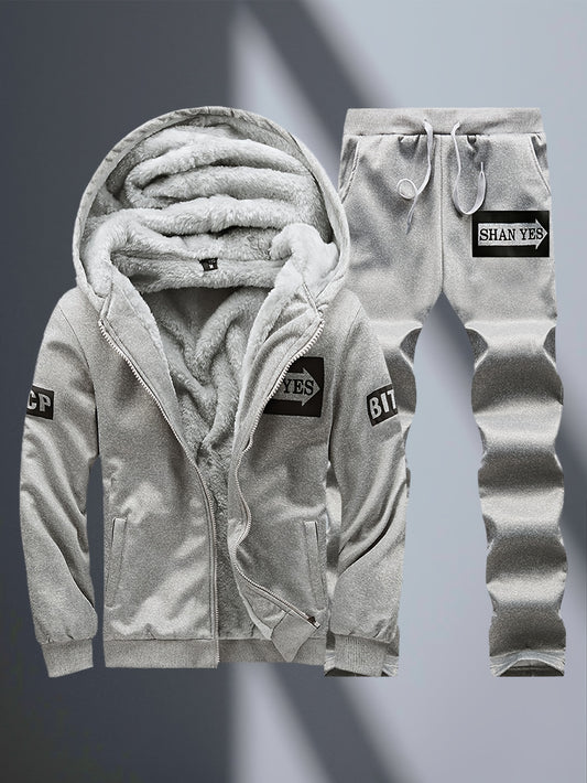 2pcs Men's -Lined Sportswear Set, Thickened Men's Casual Sportswear Set, Men's Sportswear Top and Bottom Set, Hooded Sweatshirt and Casual Sport Pants, -Lined and Thickened, Warm and Cold-Resistant, Suitable for Autumn and Wi