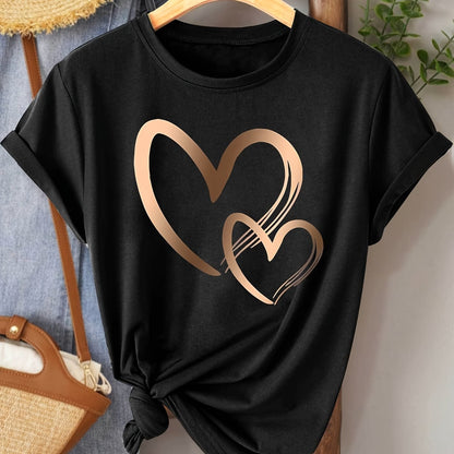 Chic Love Series Gradient Double Heart Graphic Tee for Women - Casual Retro Style, Round Neck Short Sleeve, Breathable Polyester, Machine Washable, in Black with Golden & White Hearts, Sizes S-XXL