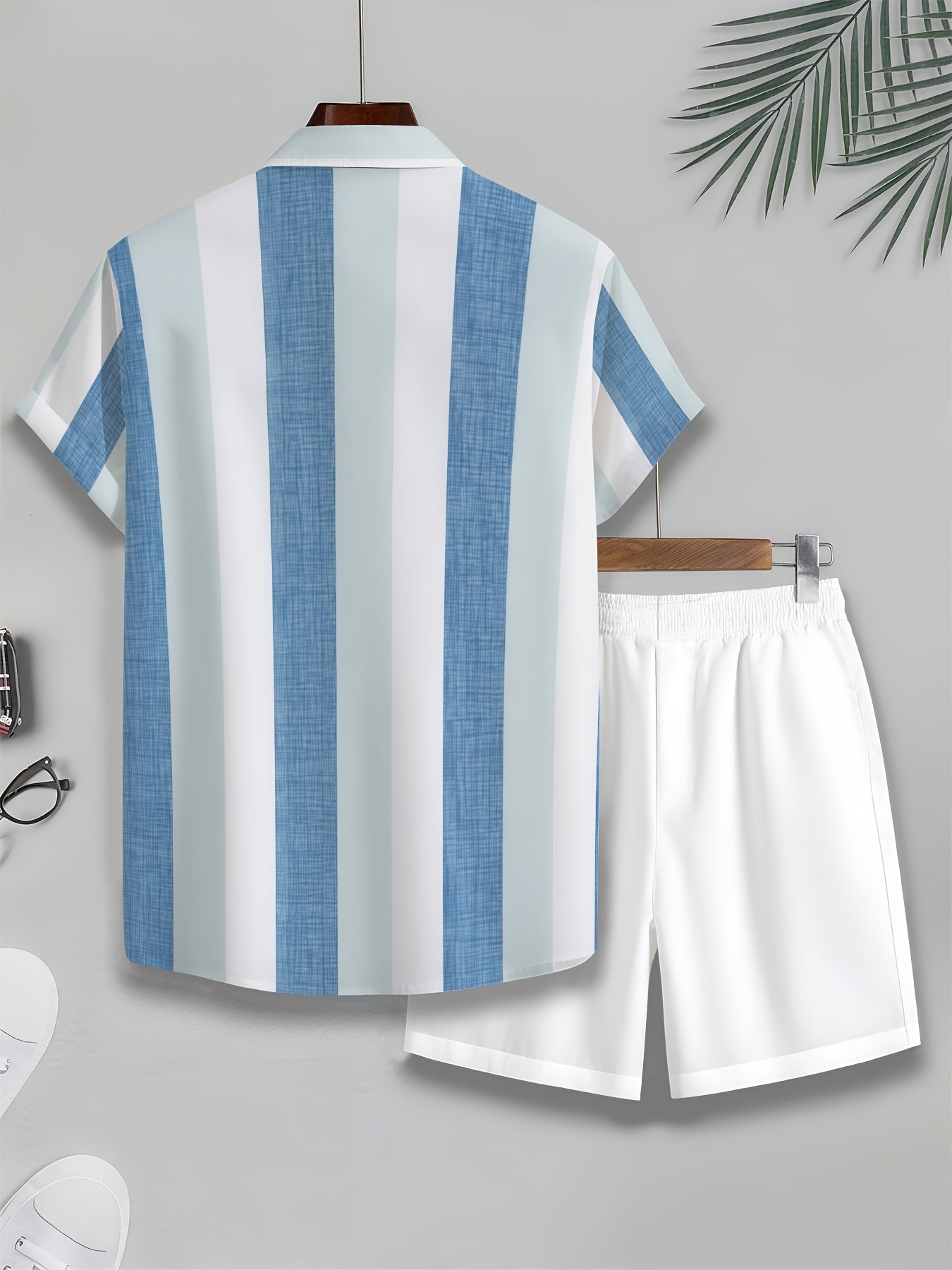 Men's Casual Blue White Striped Shirt and Shorts Set