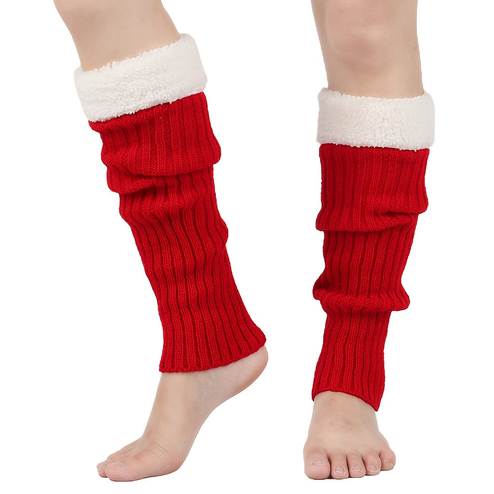 2pcs Women's Thermal Over-the-Knee (OTK) Leg Warmers & Footies - Thick Winter Warmth, Soft Fleece Lining, Red/White Cuff, Hand Washable, Snug Fit for Christmas, Casual & Formal Outfits - Ideal for Cold Weather & Layering, Sol