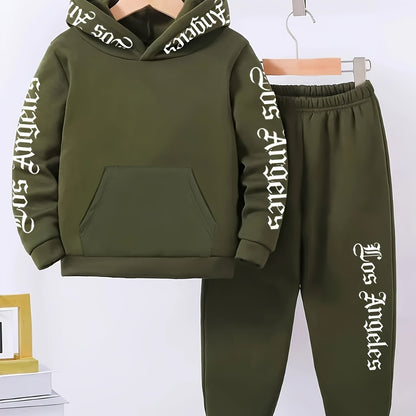 2pcs Boys' Casual Polyester Tracksuit Set, Los Angeles Alphabet Print, Medium Stretch Knit Fabric, Regular Fit, with Fleece-Lined Long Sleeve Hoodie and Joggers, for Daily & Outdoor Wear, Fall/Winter Warmth, for Outdoor