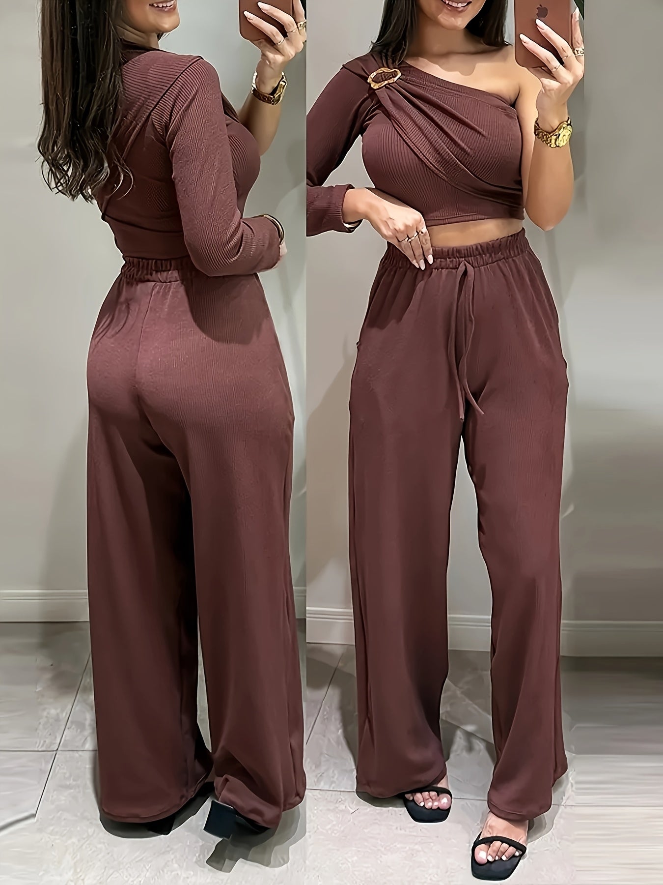 Gavin Ribbed One-Shoulder Top & Slim Fit Pants Set