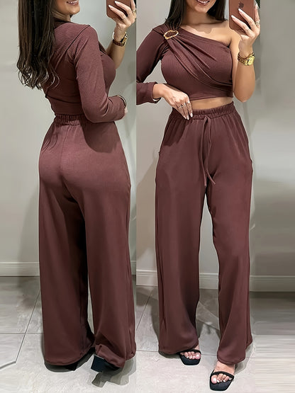 Gavin Ribbed One-Shoulder Top & Slim Fit Pants Set