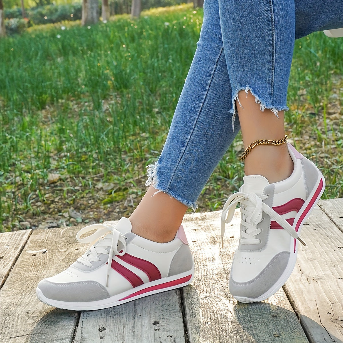 Women's Casual White Sneakers with Blue Accents - Breathable & Comfortable Lace-Up Running Shoes, Low-Top Fitness & Travel Footwear, Soft Rubber Sole, All-Season Wear