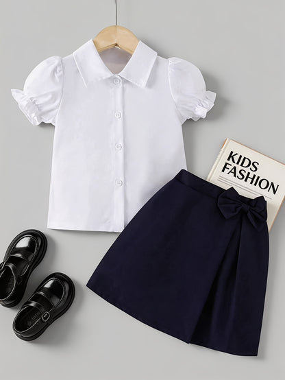 Girls' Preppy Summer Set with Bubble Sleeve Shirt & Skirt