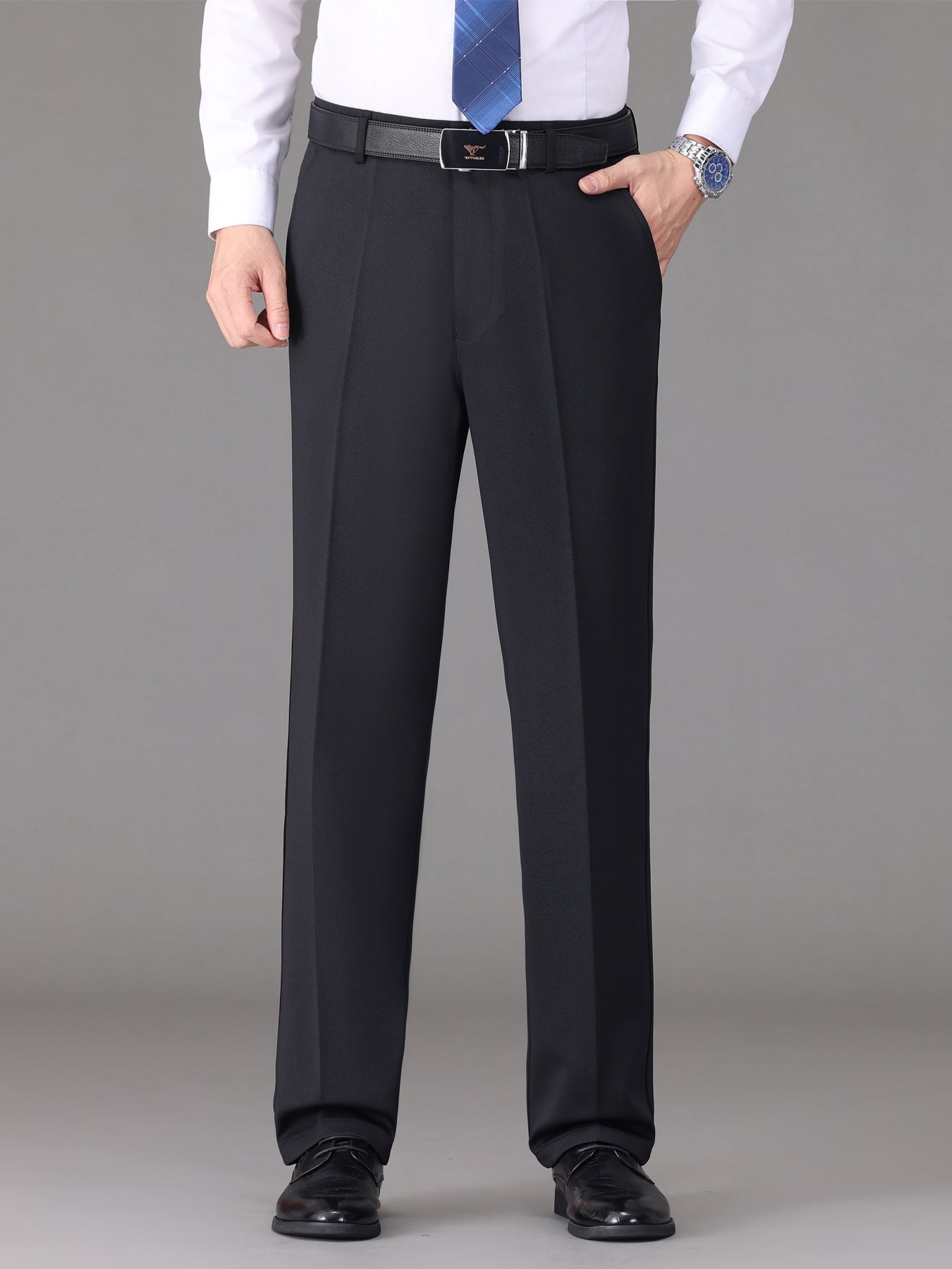[Lightweight Design] Men's High-Waist Stretch Dress Pants - Wrinkle-Resistant, Dark Blue Business Casual with Pockets, Straight Leg Fit for Spring/Fall