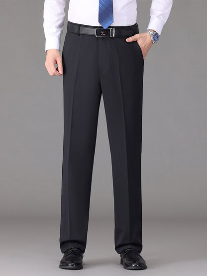 [Lightweight Design] Men's High-Waist Stretch Dress Pants - Wrinkle-Resistant, Dark Blue Business Casual with Pockets, Straight Leg Fit for Spring/Fall