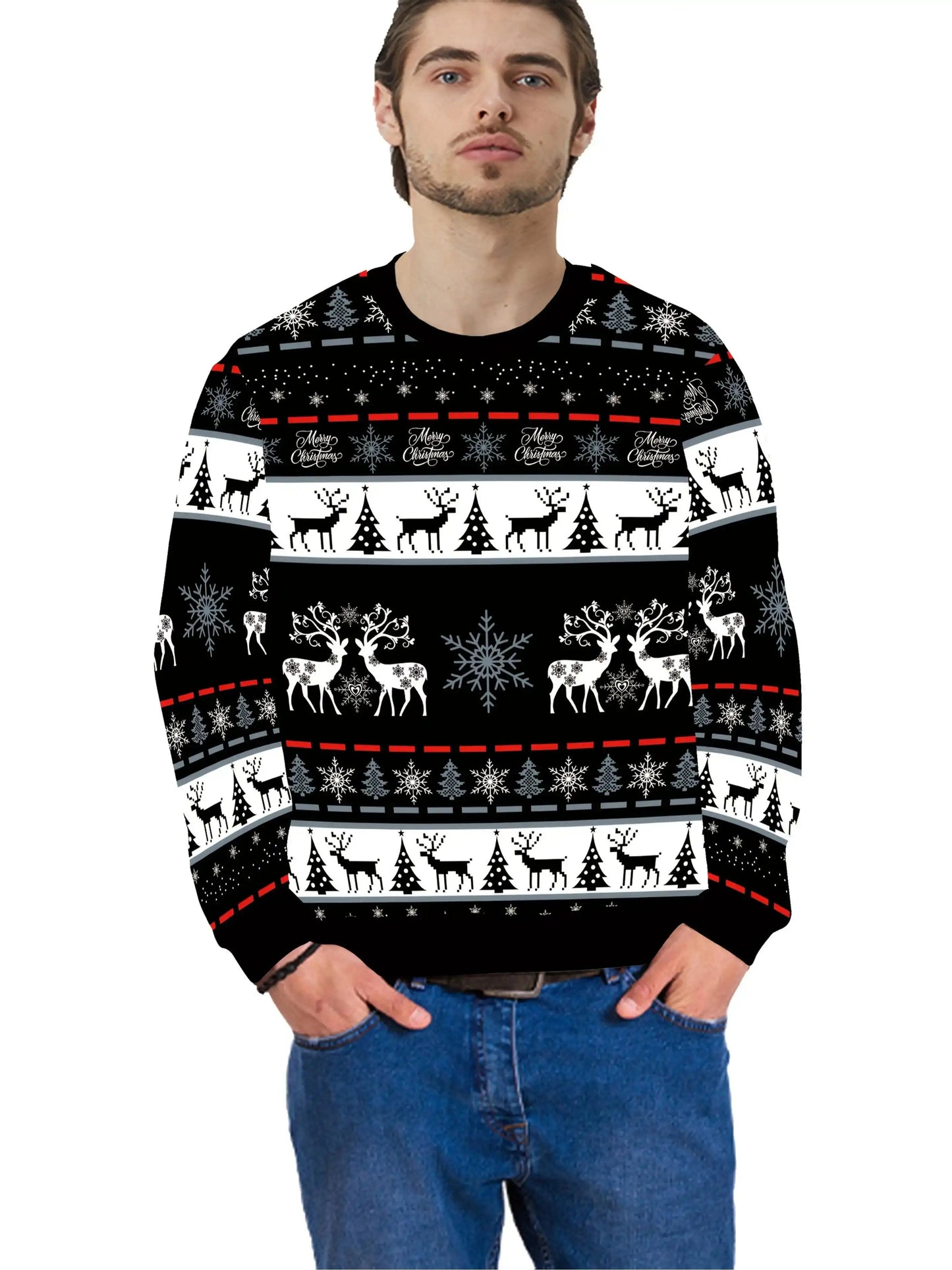 Men's Nordic Winter Sweater - Scandinavian Print Sweater Jacket with Reindeer, Snowflake & Swedish Dala Horse Patterns - Soft Polyester Long Sleeve Coat for Christmas, New Year, Parties - Machine Washable Black/White/Red Swea