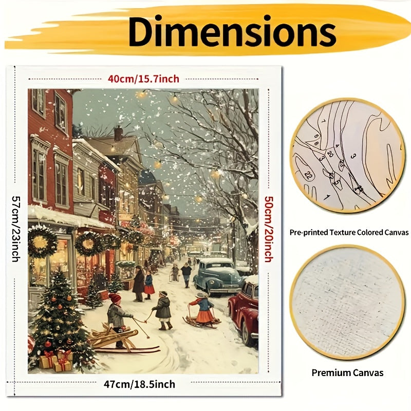 1pc Beginner DIY Adult Paint by Numbers Kit - Includes Acrylic Paints, Canvas, 3 Brushes & Instruction Manual | Winter Town Street Scene with Children Skiing and Snowboarding in a House Full of Decorations| 40x50cm/15.7x20in