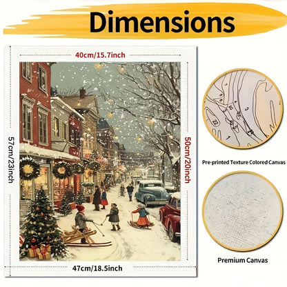 1pc Beginner DIY Adult Paint by Numbers Kit - Includes Acrylic Paints, Canvas, 3 Brushes & Instruction Manual | Winter Town Street Scene with Children Skiing and Snowboarding in a House Full of Decorations| 40x50cm/15.7x20in
